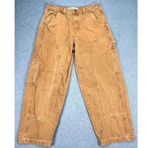 Bershka Trousers Women's 8 Brown Duck Canvas Wide Leg Baggy Carpenter Pants
